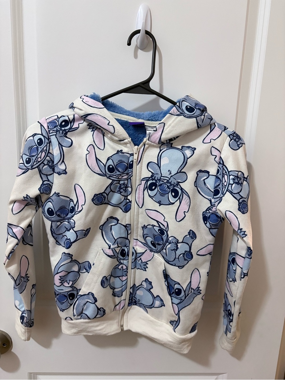Disney Kids Zip-Up Hoodie in Light Grey with Blue & Pink Stitch Print